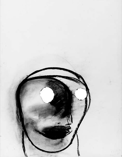 Kopf 17.12.76/1, 1976, Kohle auf Papier, mit eingebranntem Loch, 65 x 50 cm