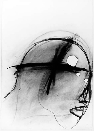 Kopf 18.1.77, 1977, Kohle auf Papier, mit eingebranntem Loch, 56,5 x 53 cm