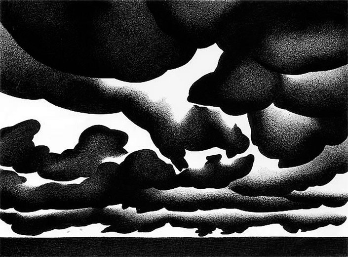 Wolken 1/70, 1970, schwarzer Kugelschreiber auf Leinwand, 75 x 100 cm