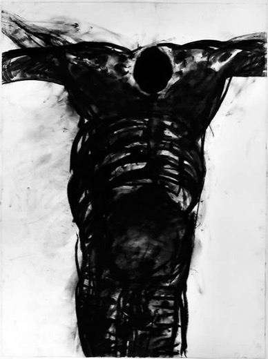 Kreuzigung 15.10.77, 1977, Kohle auf Papier, mit eingebranntem Loch, 105 x 75 cm