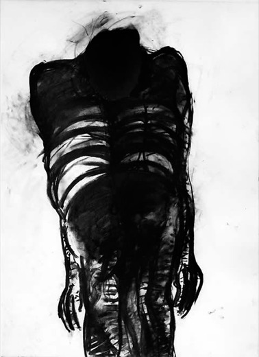 Nervenkrankenhaus Bayreuth 8.11.77, 1977, Kohle auf Papier, mit eingebranntem Loch, 105 x 75 cm