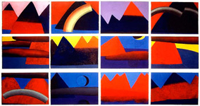 Pastell-Wand Alpenglühen, 1996, 12 Pastelle, je 80 x 120 cm, Atelieraufnahme Nov. 1996 (Stadt Nürnberg - Leihgabe an das Neue Museum Nürnberg)