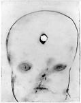  Kopf 23.2.77, 1977, Kohle auf Papier, mit eingebranntem Loch, 51,5 x 34,5 cm